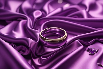 Golden Ring on Soft Purple Silk Fabric, Celebration Wedding and Marriage Love, using Generative Ai