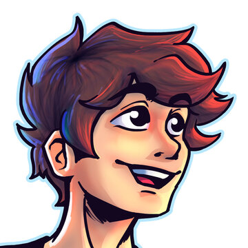 Ilustração digital estilo cartoon do rosto de um jovem garoto. Arte de foto de perfil de jovem rapaz sorrindo. Desenho fofo de ícone de perfil para garotos e meninos sorridentes sem fundo. 