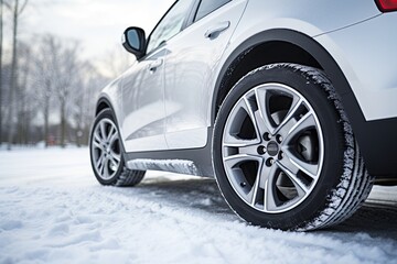 Winter car tire. Snow driving equipment. Generative Ai - obrazy, fototapety, plakaty