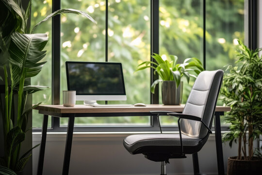 Natural light of blurred foliage plant and sleek desk in background of minimalist home office. Business concept for home or work.