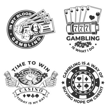 Set of gambling vintage print, logo, badge design with wheel of fortune, two dice, skeleton hand holding dollar, poker playing card silhouette. Vector illustration