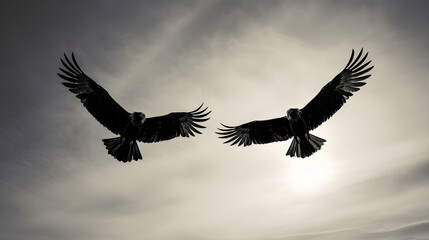 two birds are flying in the sky. freedom concept