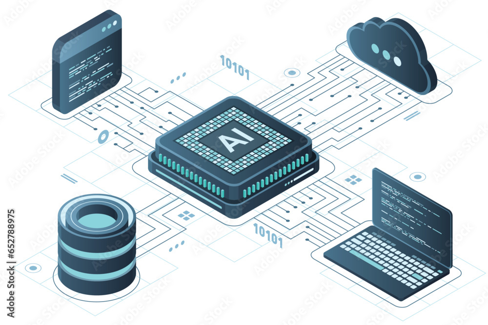 Fototapete Isometric artificial intelligence chip concept. Artificial Intelligence server. Futuristic microchip processor. Isometric cloud computing. Vector illustration