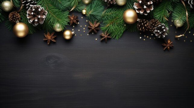Christmas background with copy free space for text. Christmas holiday background with fir tree branches and decor