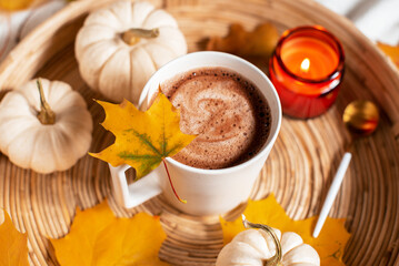 Cup with Hot Chocolate Autumn Time Pumpkin Yellow Leaves Candle Wooden Background