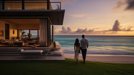 A couple stands with champagne glasses aloft, soaking in the breathtaking vista of their newly acquired beach villa. The rhythmic dance of ocean waves on the shore and the tropical vibrancy