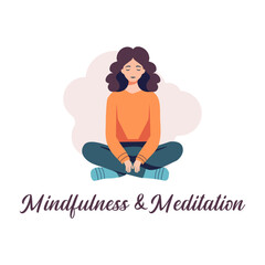 Mindfulness and meditation banner, girl sitting in yoga lotus pose and meditating. Calmness concept, meditate at home. Mental health.