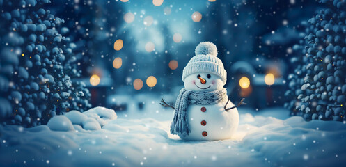 Little snowmen on the white snow on blue background.