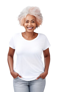 Smiling positive middle-aged afro woman with dyed colored afro hair wearing a blank white t-shirt and light blue jeans standing with hands in pockets isolated on a transparent background