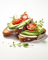 Sandwich with avocado, tomatoes and herbs on a light background