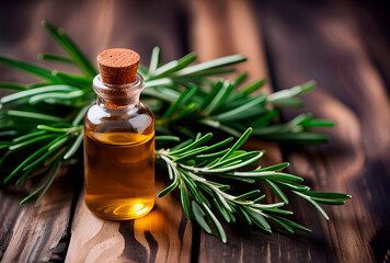 Bottle of essential oil and rosemary herb on a wooden table.