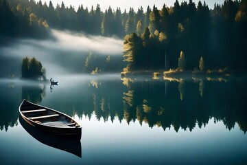  A tranquil, misty morning on a serene lake, with a lone rowboat drifting on the water. 