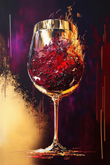 Red wine wall art. Gold and red colors on black painting for interior