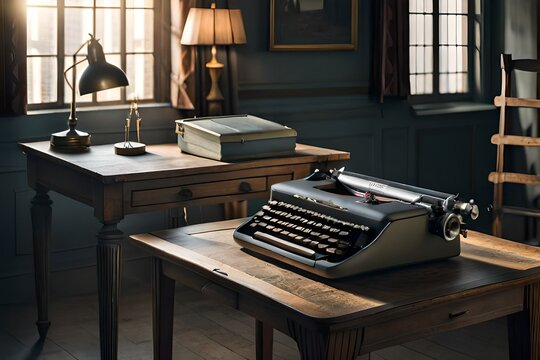 An abandoned attic filled with antique furniture covered in dust and cobwebs, a vintage typewriter sits on a rickety wooden desk near a cracked window, dim sunlight streaming in
