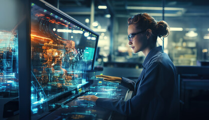 Female industrial engineer using VR technology for industrial design, development and prototyping at her workplace in factory. Future, technology and industry concept.