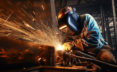 Electric wheel grinding on steel structure in factory