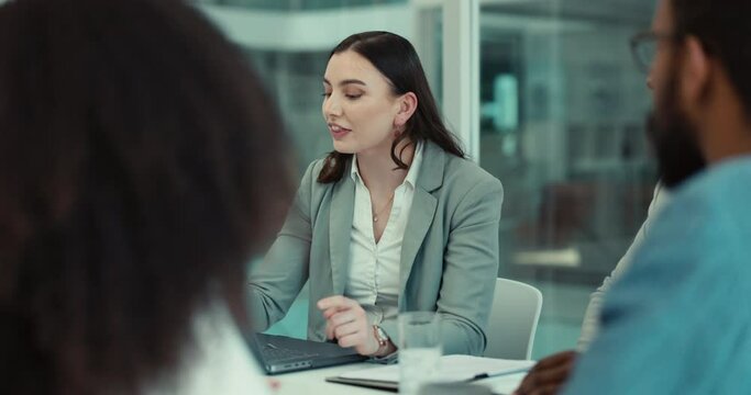 Business meeting, laptop and team leader, woman or manager explain proposal, client negotiation or online feedback. Consultation, admin group and professional person talking, speaking or report info