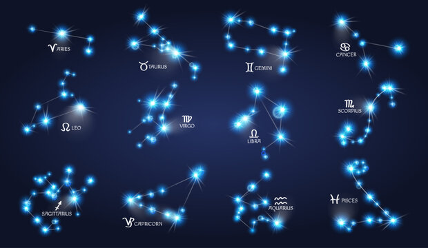 Zodiac signs, realistic glowing constellations. Vector horoscope for hole year, astronomical shining stars in the night sky. Aquarius and pisces, aries and cancer, gemini and virgo, scorpio