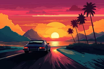 Foto auf Acrylglas Car on the road at sunset. Pop art illustration poster design. Generative Ai © ArtmediaworX
