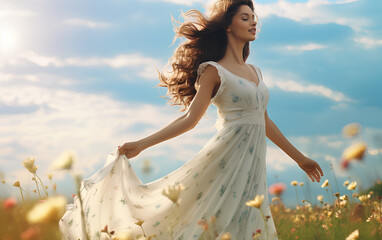 Young beautiful woman dancing in the field full of flowers, happiness and freedom concept.
