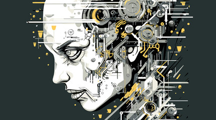 Abstract image of artificial intelligence in form of android robot female head in flat vector style.