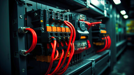 Cables and switches in an electricity substation - obrazy, fototapety, plakaty