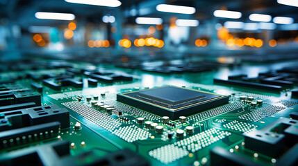 Detailed assembly of microprocessors in a state-of-the-art electronics factory, - obrazy, fototapety, plakaty