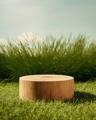 Wooden pedestal for display,Platform for design,Blank product stand on lawn with Trees shadow on the wall .3D rendering.