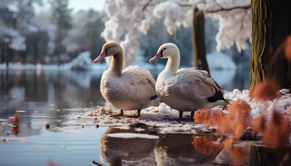 Obraz premium geese on the lake in a snowy forest during winter time. Winter landscape. Winter paysage. Frozen lake. geese in winter time. Duck. 