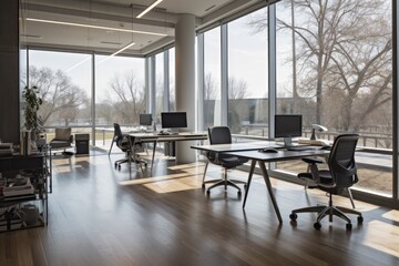 A sophisticated modern office interior with ergonomic chairs