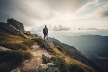 An adventurous traveler hiking on a rugged mountain