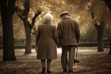 An elderly couple holding hands and walking in a park