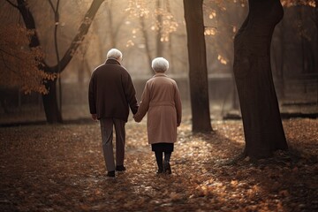 An elderly couple holding hands and walking in a park