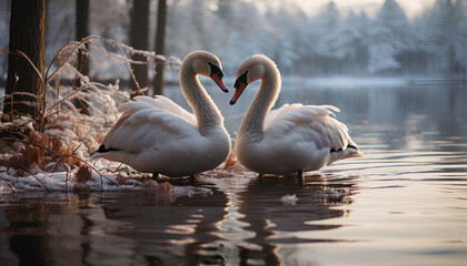 two swans on the lake in a snowy forest during winter time. Winter landscape. Winter paysage. Frozen lake. swan in winter time. swan. 