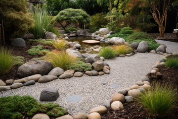 A tranquil zen-like garden with smooth stones