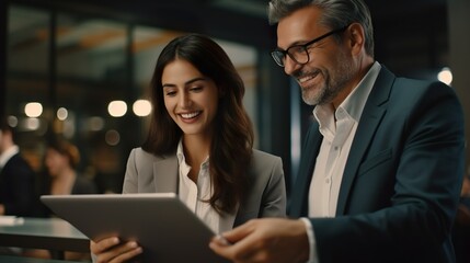 Two business people working in team, woman and man working using digital tablet and discussing financial market data, standing at corporate office meeting | Generative AI