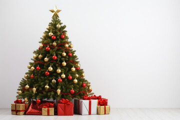 Christmas tree with gifts on a white background. Mockup with empty space for Christmas style product. 