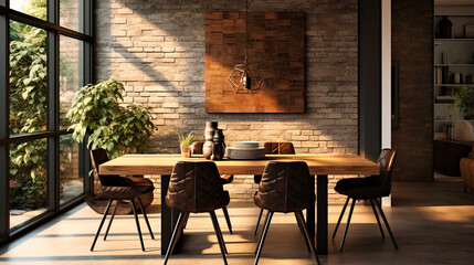 Naklejka premium Dining space with a wooden table and black chairs.