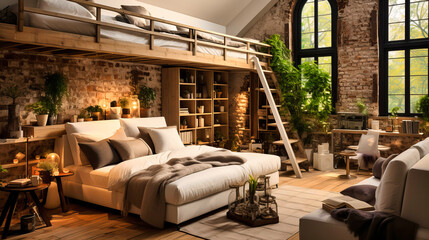 Studio apartment with lofted bed and brick walls