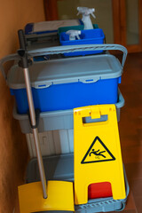 Professional cleaning cart with all utensils and safety protocols for Hospitals