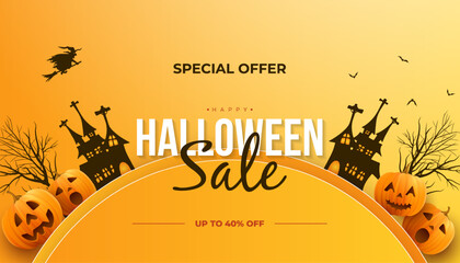 Halloween horizontal sale banner header with halloween haunted house dead tree and realistic pumpkins