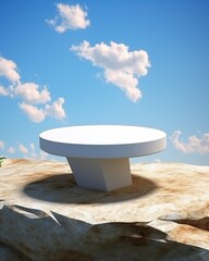 White podium stage stand for product placement on a sky background 3d render