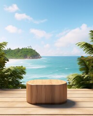 3d rendering product display podium for cosmetic product with beach view
