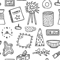 Doodle home decor interior pattern. Seamless background with house design accessories, lamp, candle, pillow, cup, clock, mirror, pouf