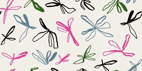 Abstract collage art seamless pattern with floral doodles. Organic flat cartoon background, simple random shapes.