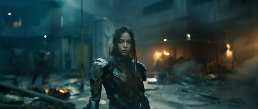 Portrait of woman in futuristic amour standing in apocalyptic scene of destroyed after war city with debris, smoke and fire. Anamorphic 4k footage
