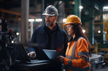 Male and female industrial engineers in hard hats discussing new project while using laptop in a heavy industry manufacturing factory.