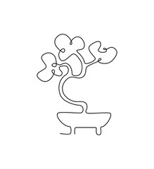 Bonsai continuous line drawing. Abstract botanical monoline, line art, outline. Japan landscape art, gardening, feng shui. Symbol, icon, logo, sketch.
