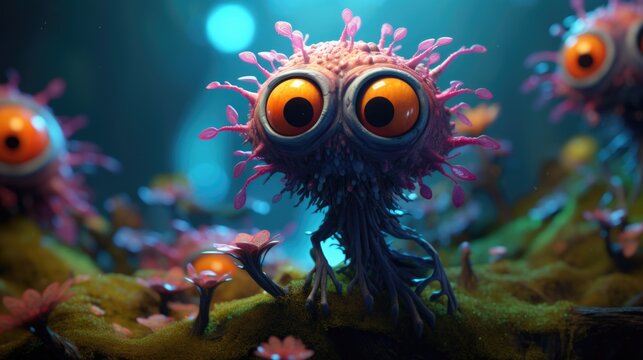 Tiny unseen world of dorky viral fungi monsters with big bulging eyes living life like nobody sees them on the forest floor, hidden mutated carnivorous vegan mushrooms, not creepy but cute.