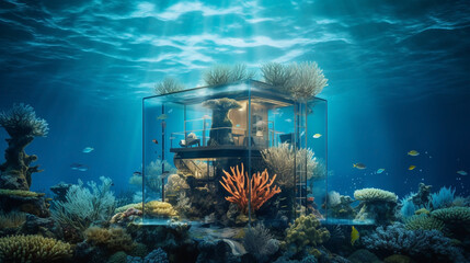 Innovative Underwater House with Transparent Glass Walls Nestled Amongst Vibrant Coral Reefs & Lush Aquatic Plants. Generative AI.